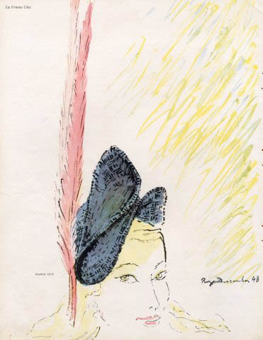 Roger Descombes, Le Chapeau à la plume rose, 1948 - Dessin de mode aquarellé, « La Femme Chic», 1948